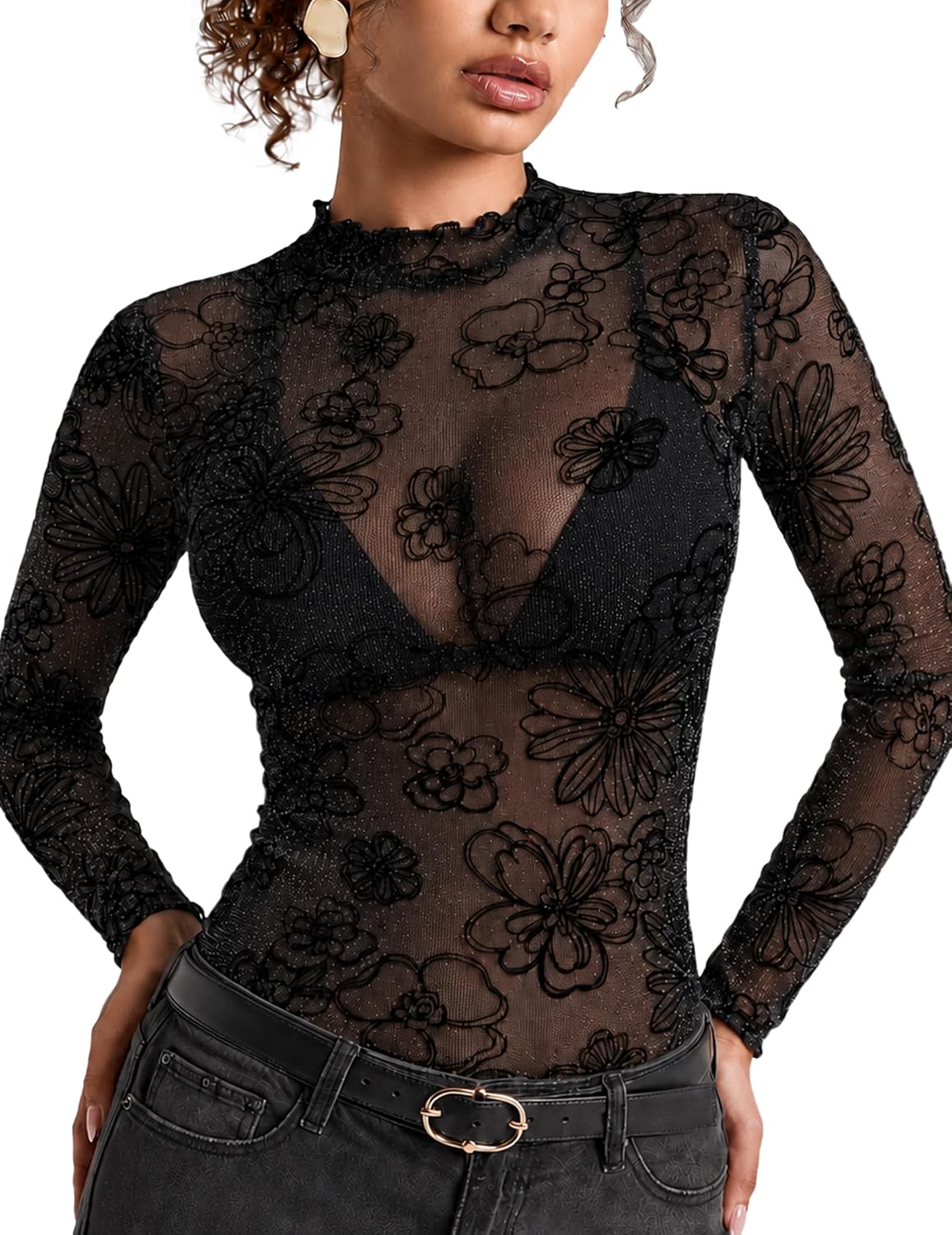 Women's Sheer Mesh Top, Mock Neck Long Sleeve Sparkly Going Out Shirt S-XXL