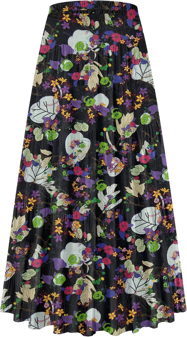 CYiNu Women's Chiffon Elastic High Waist Tiered Pleated Floral Printed A-Line Boho Long Maxi Skirts