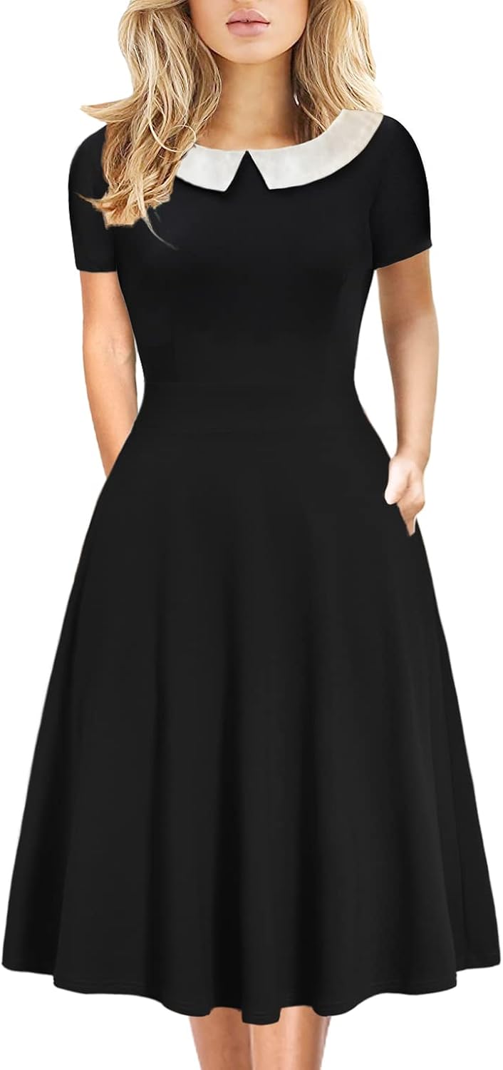 Women's Elegant Vintage Dresses Knee Length Casual Floral Print Work Party Peter Pan Collar A-Line Dress with Pockets 978