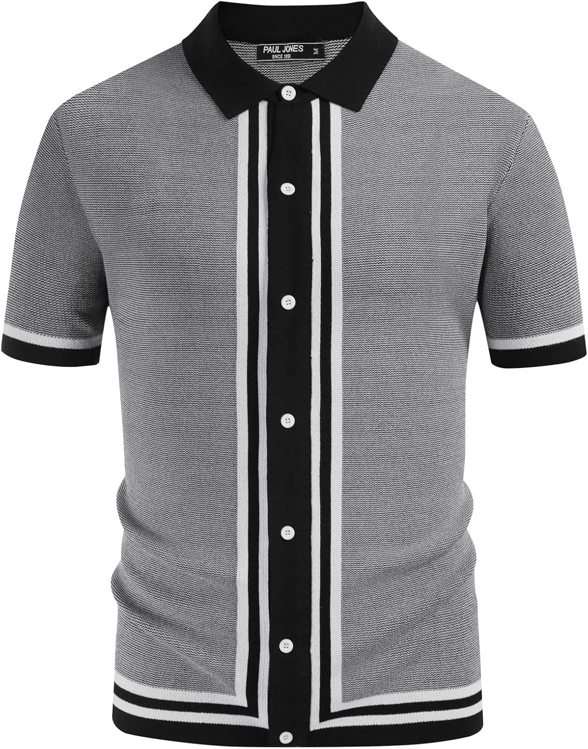 PJ PAUL JONES Men's Vintage Stripe Knit Polo Shirts Short Sleeve Stylish Button Down Cardigan Sweater