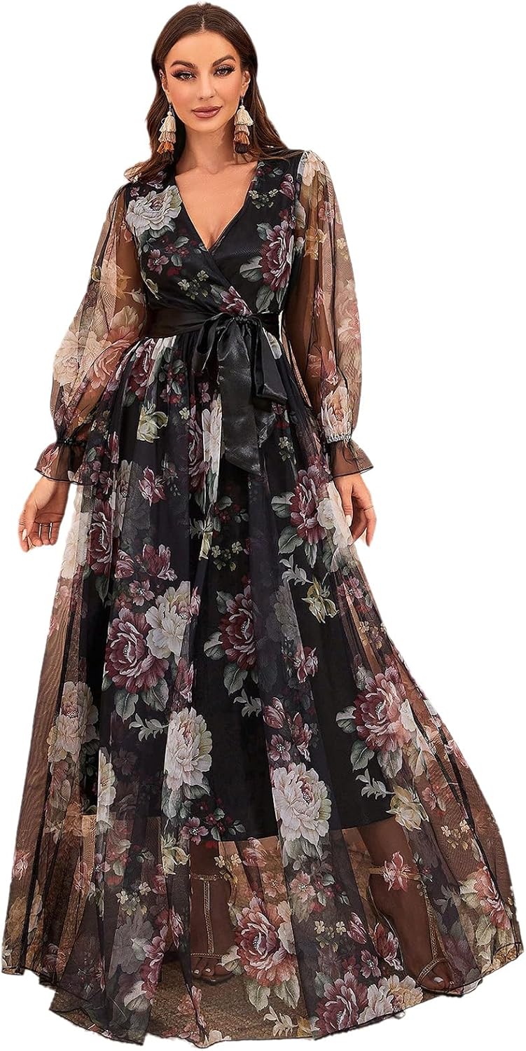 Womens Summer Dresses,Floral Patterns Vintage Elegant Cocktail Long Sleeve Boho Casual Maxi Wedding Guest Dresses for Women
