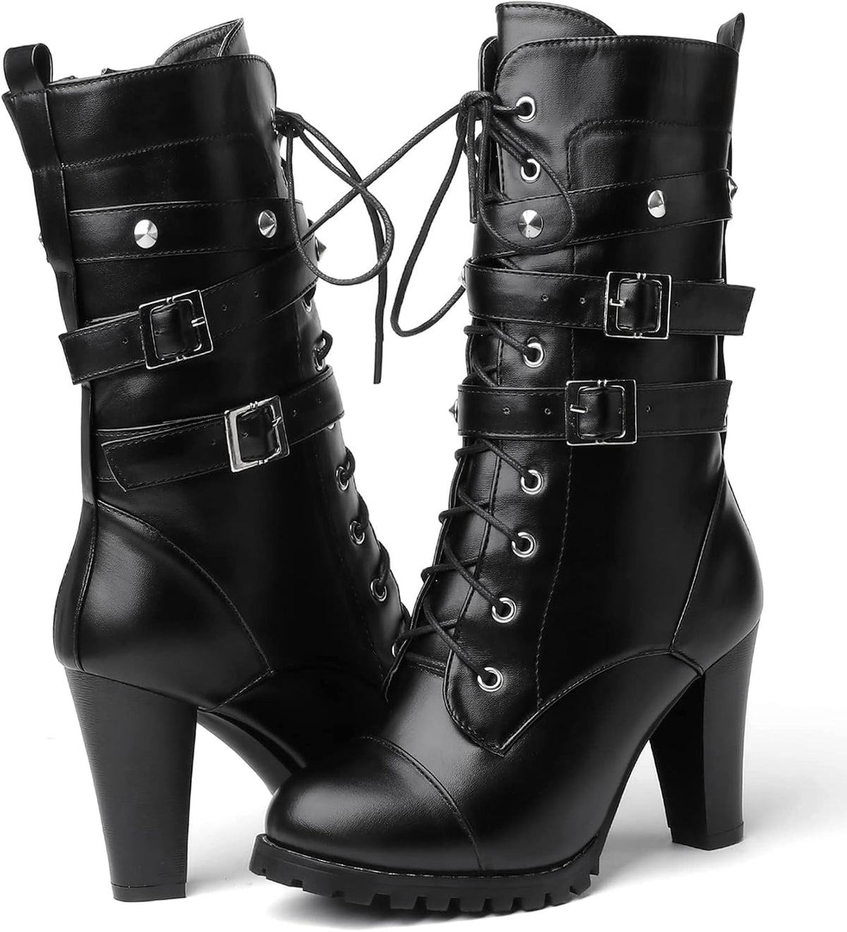 High Heel Boots for Women,Womens Platform Boot Heels Sexy Round Toe Lace UP High Heels Mid Calf Boots