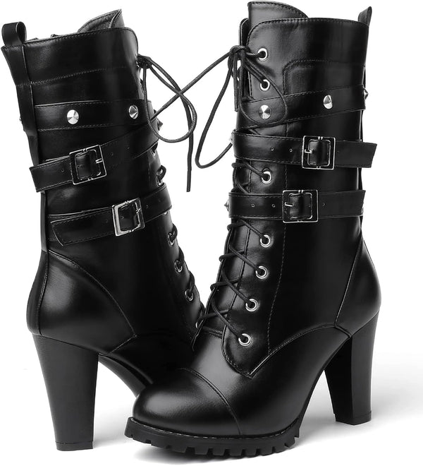 High Heel Boots for Women,Womens Platform Boot Heels Sexy Round Toe Lace UP High Heels Mid Calf Boots