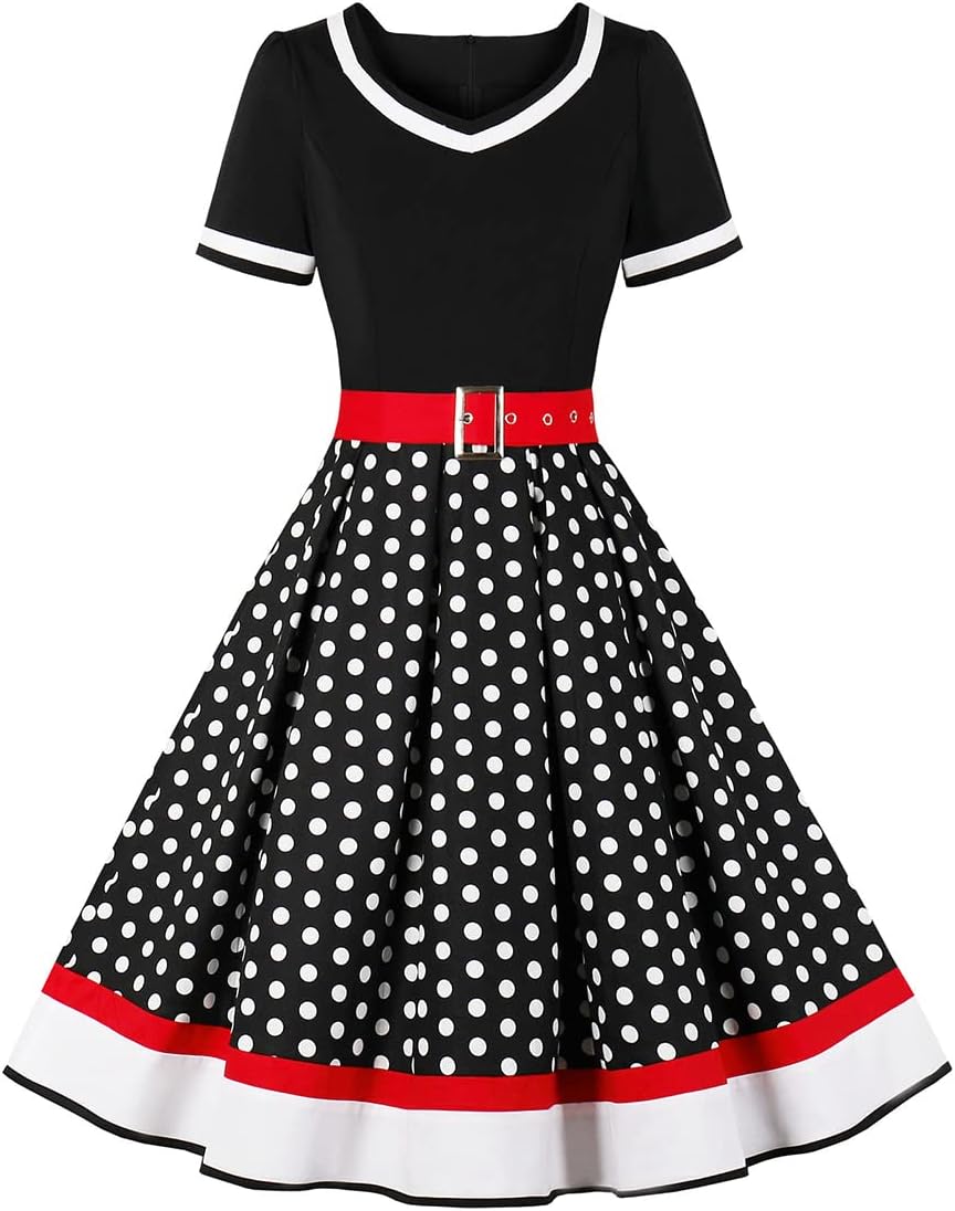 Women Vintage 1950s Dress 50s Polka Dot Rockabilly A-Line Swing Tea Party Prom Retro Cocktail Party Swing Dresses with Belt