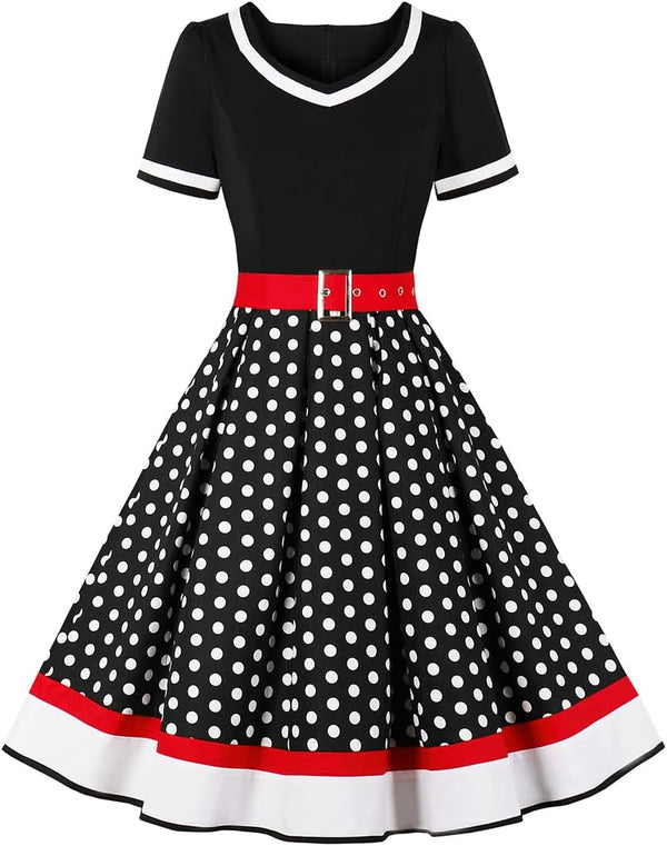 Women Vintage 1950s Dress 50s Polka Dot Rockabilly A-Line Swing Tea Party Prom Retro Cocktail Party Swing Dresses with Belt