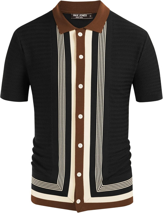 PJ PAUL JONES Men's Vintage Stripe Knit Polo Shirts Short Sleeve Stylish Button Down Cardigan Sweater