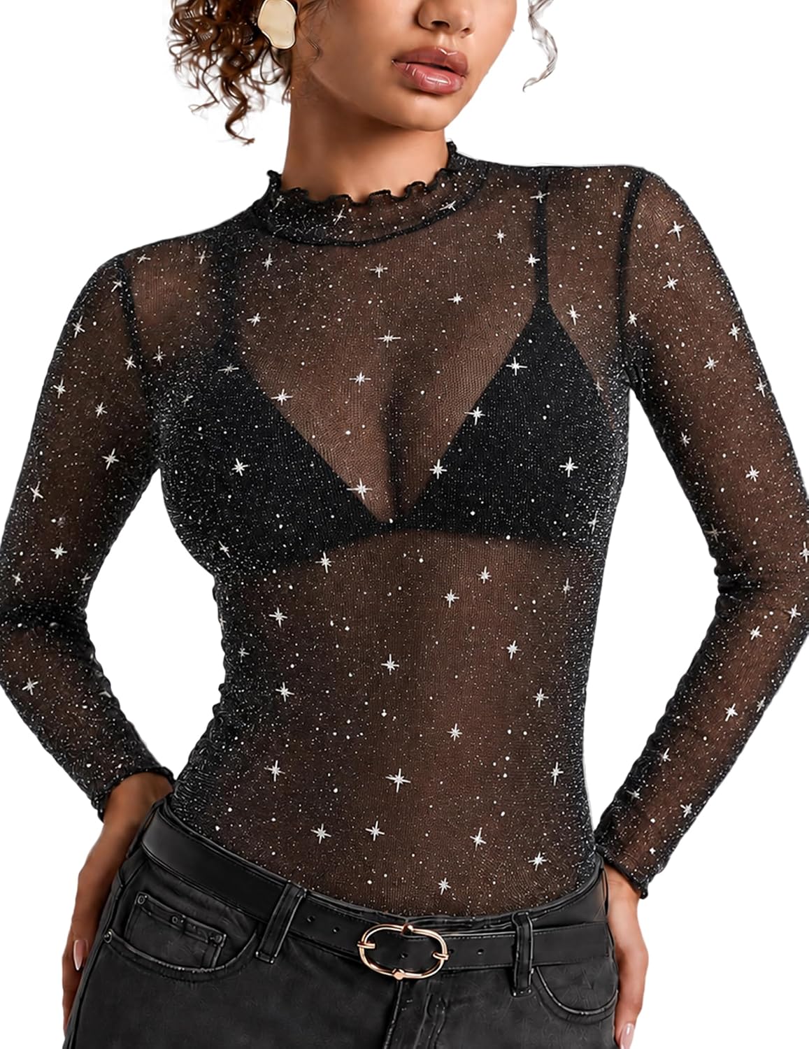 Women's Sheer Mesh Top, Mock Neck Long Sleeve Sparkly Going Out Shirt S-XXL