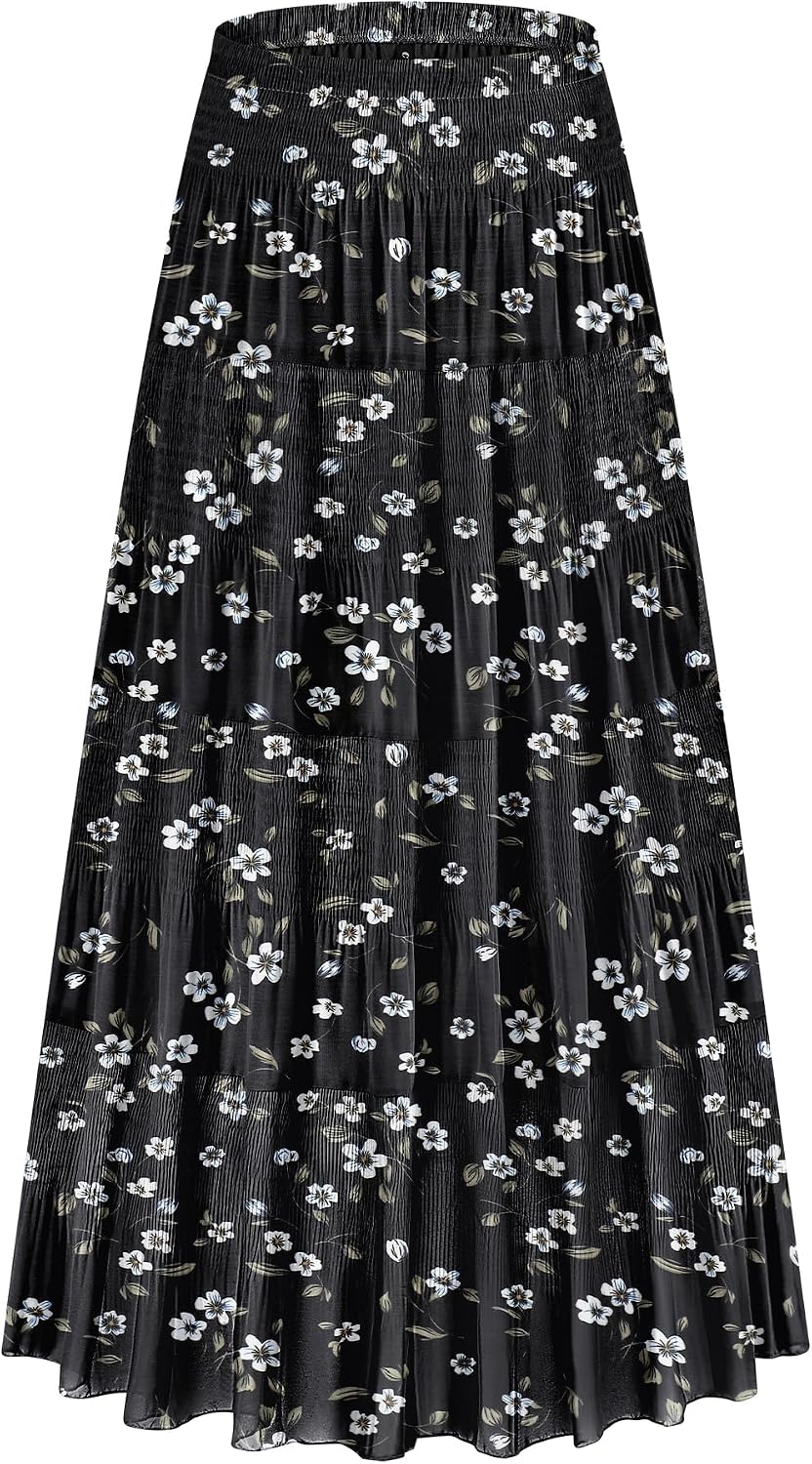 CYiNu Women's Chiffon Elastic High Waist Tiered Pleated Floral Printed A-Line Boho Long Maxi Skirts