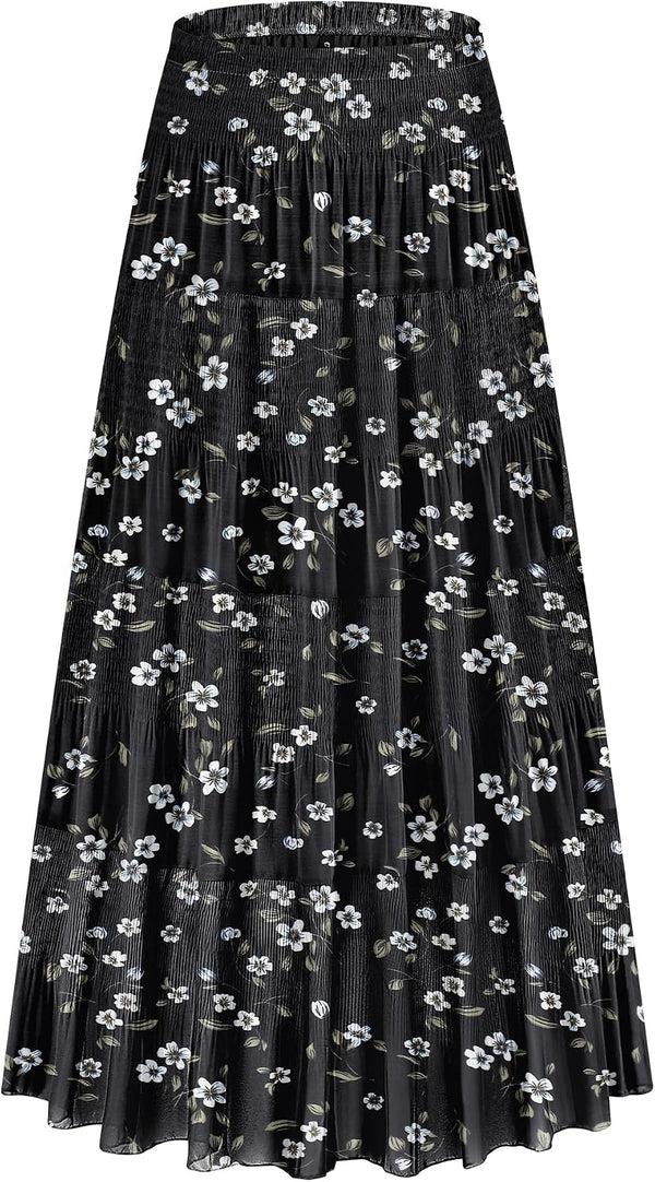 CYiNu Women's Chiffon Elastic High Waist Tiered Pleated Floral Printed A-Line Boho Long Maxi Skirts