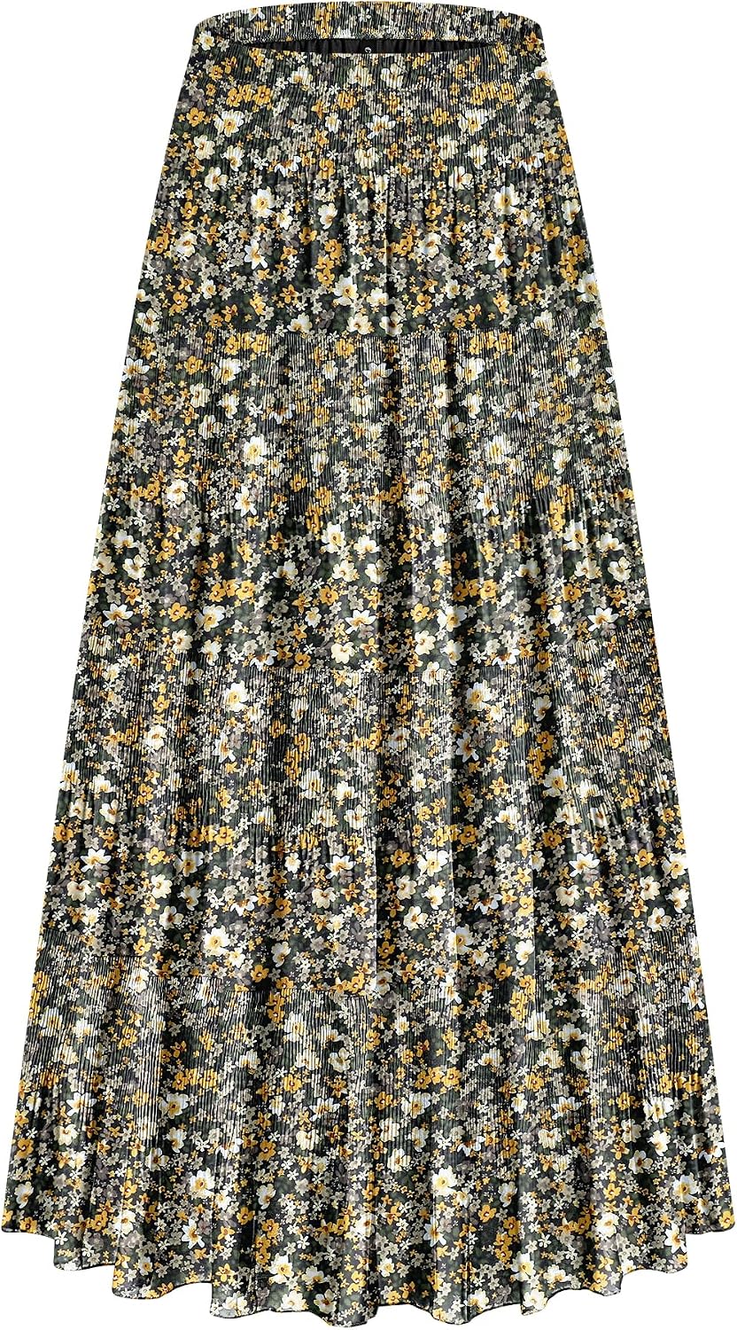 CYiNu Women's Chiffon Elastic High Waist Tiered Pleated Floral Printed A-Line Boho Long Maxi Skirts