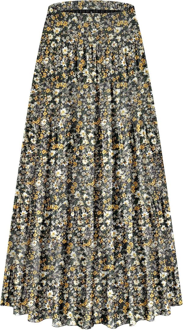 CYiNu Women's Chiffon Elastic High Waist Tiered Pleated Floral Printed A-Line Boho Long Maxi Skirts