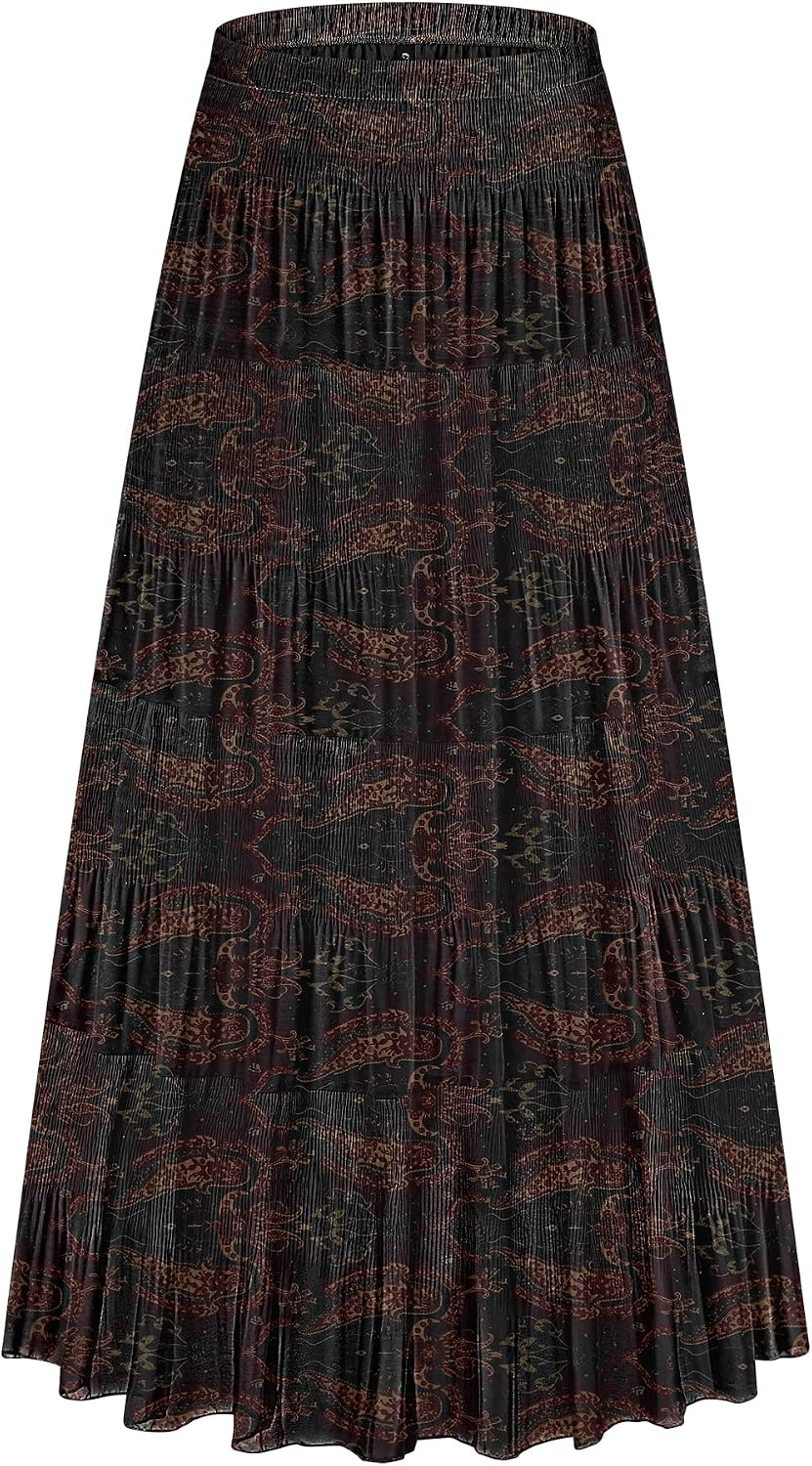 CYiNu Women's Chiffon Elastic High Waist Tiered Pleated Floral Printed A-Line Boho Long Maxi Skirts