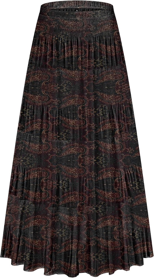 CYiNu Women's Chiffon Elastic High Waist Tiered Pleated Floral Printed A-Line Boho Long Maxi Skirts