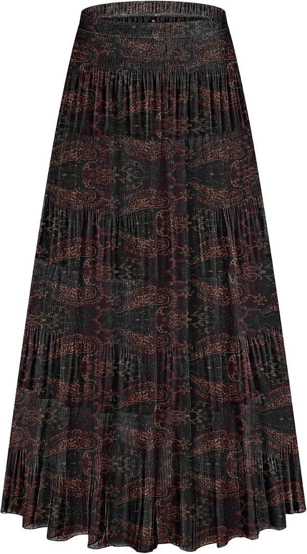 CYiNu Women's Chiffon Elastic High Waist Tiered Pleated Floral Printed A-Line Boho Long Maxi Skirts