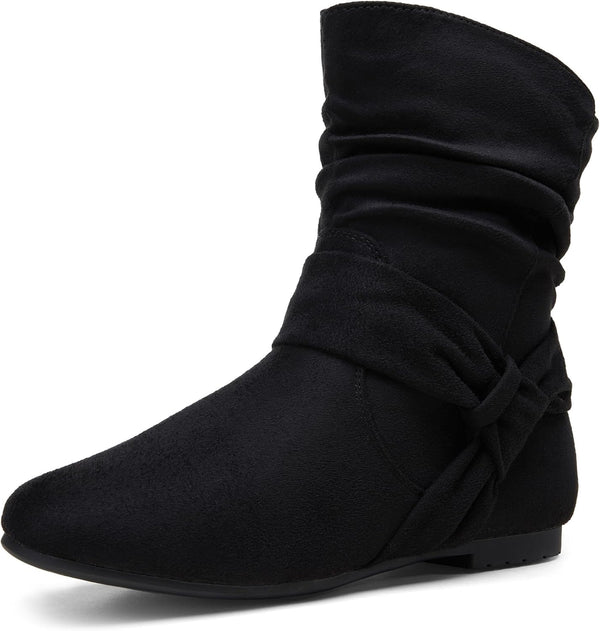 Women's Slouch Ankle Boots, Flat Low Heel Side Zip Booties 939A