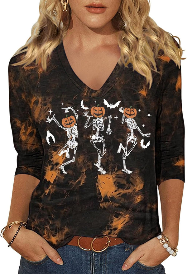 Womens Fall Halloween 3/4 Sleeve V Neck Shirts