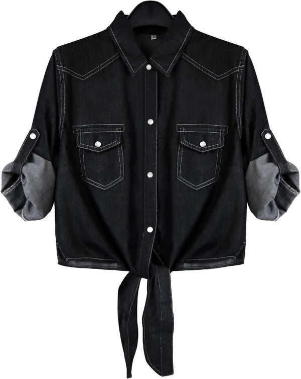 Womens Crop Modern Denim Top Tie Knot Shirt Chambray Cardigan