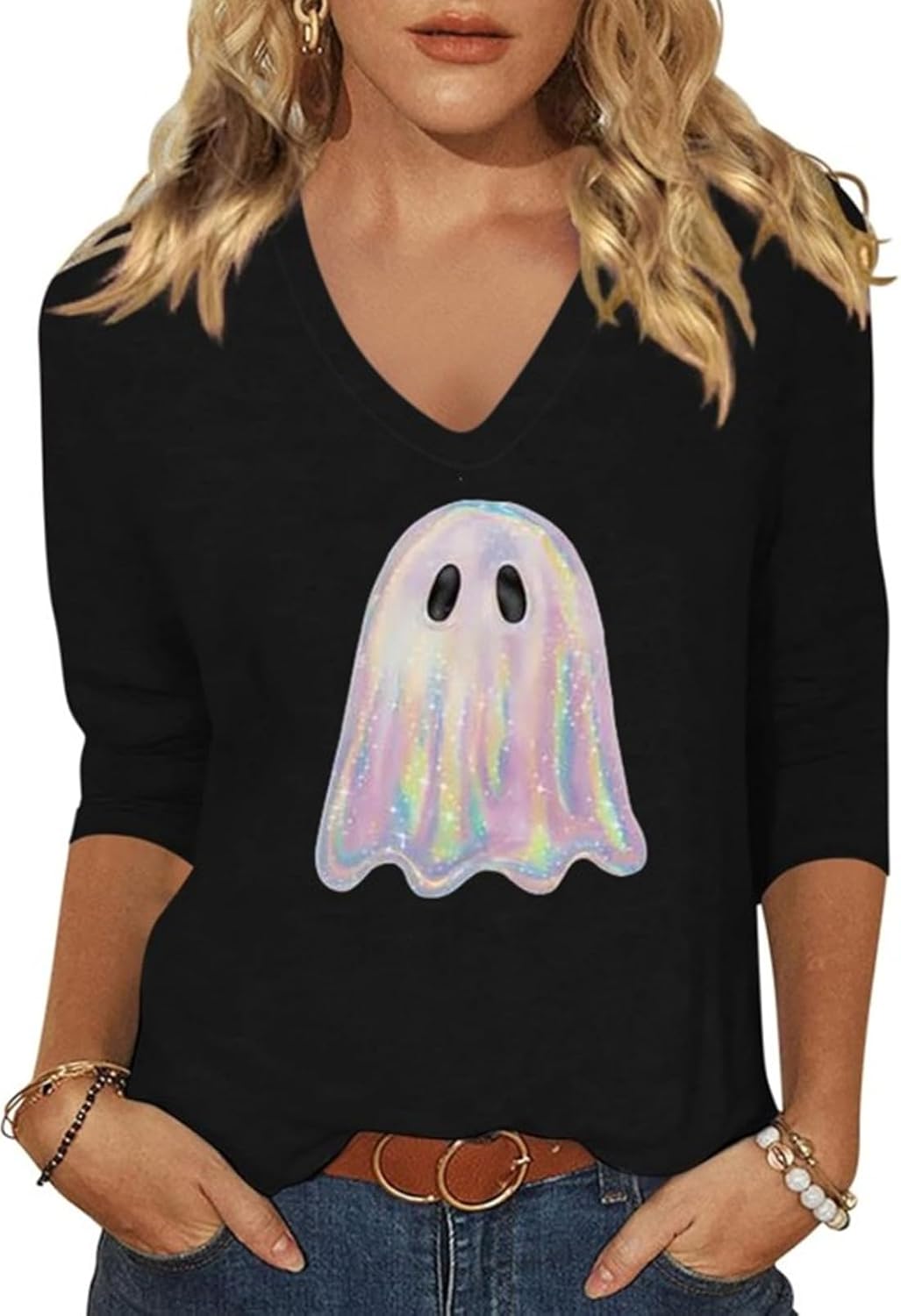 Womens Fall Halloween 3/4 Sleeve V Neck Shirts