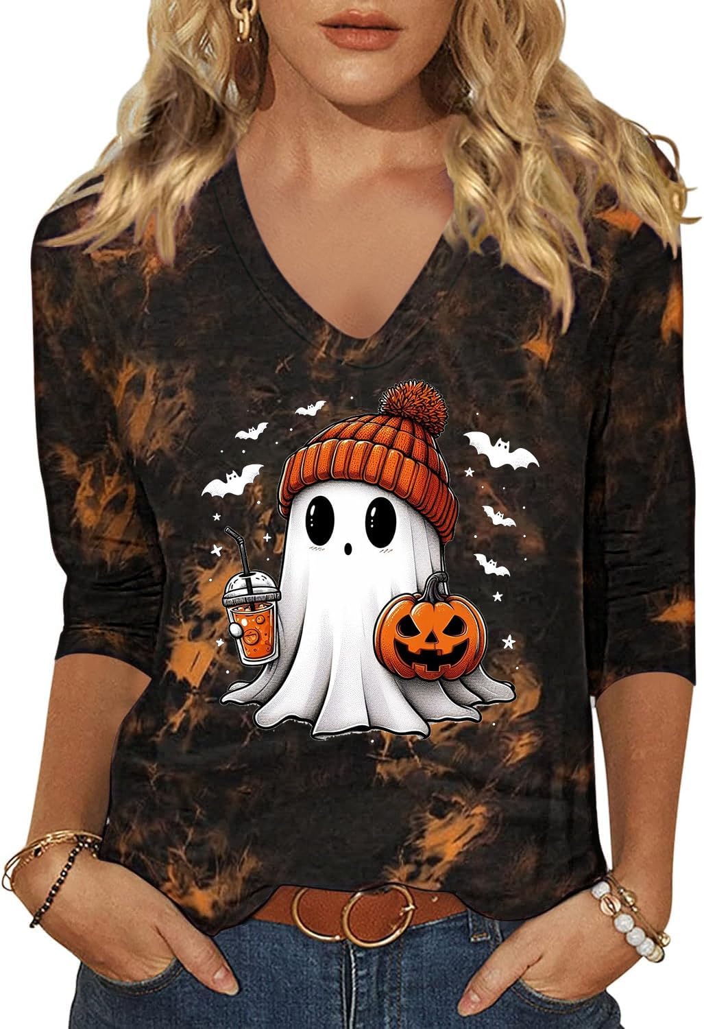 Womens Fall Halloween 3/4 Sleeve V Neck Shirts