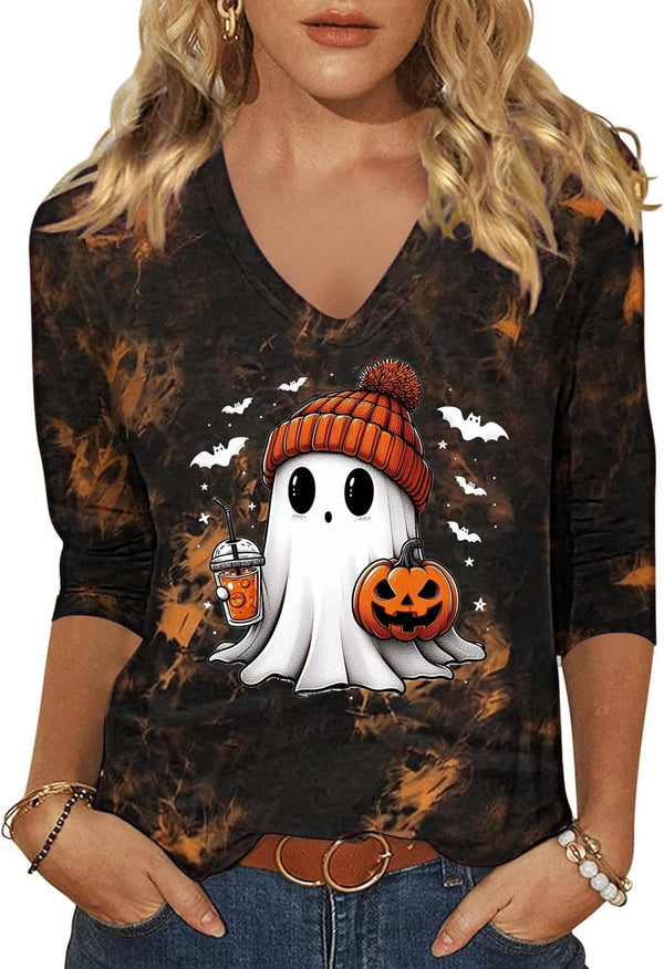 Womens Fall Halloween 3/4 Sleeve V Neck Shirts