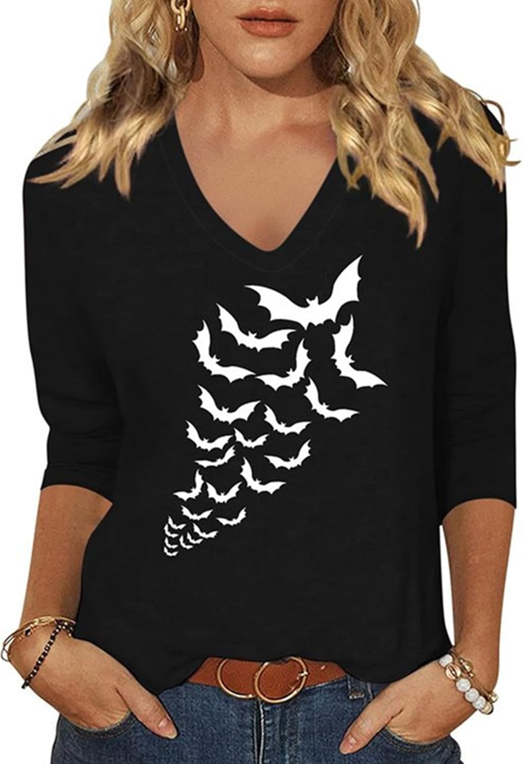Womens Fall Halloween 3/4 Sleeve V Neck Shirts