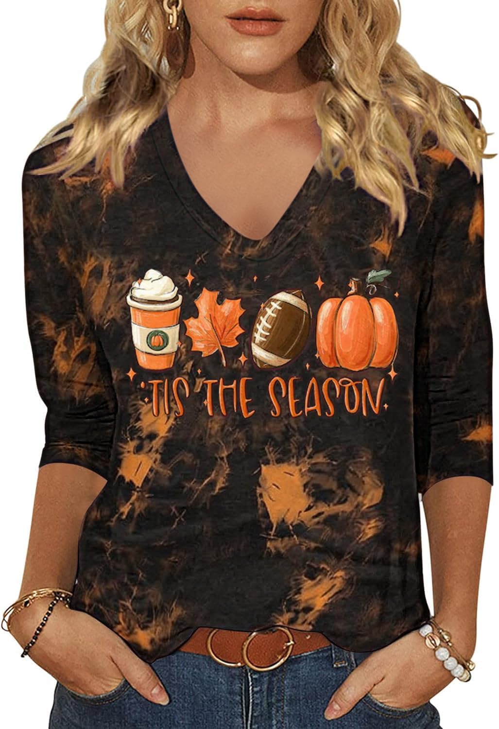 Womens Fall Halloween 3/4 Sleeve V Neck Shirts