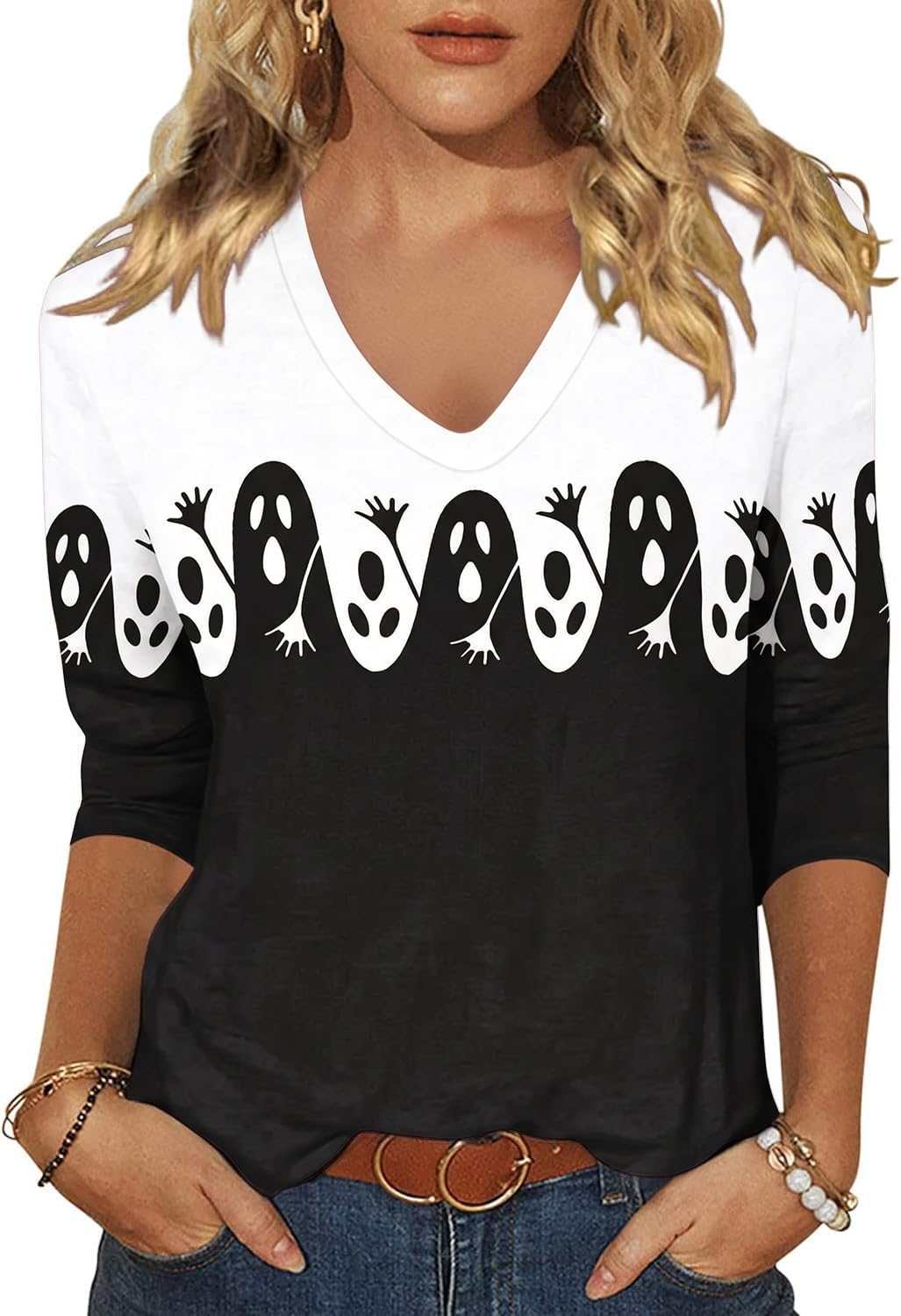 Womens Fall Halloween 3/4 Sleeve V Neck Shirts