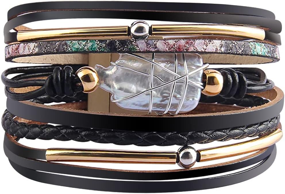 Fesciory Leather Wrap Bracelet for Women, Boho Western Layered Cuff Jewelry