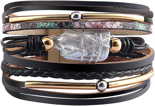 Fesciory Leather Wrap Bracelet for Women, Boho Western Layered Cuff Jewelry