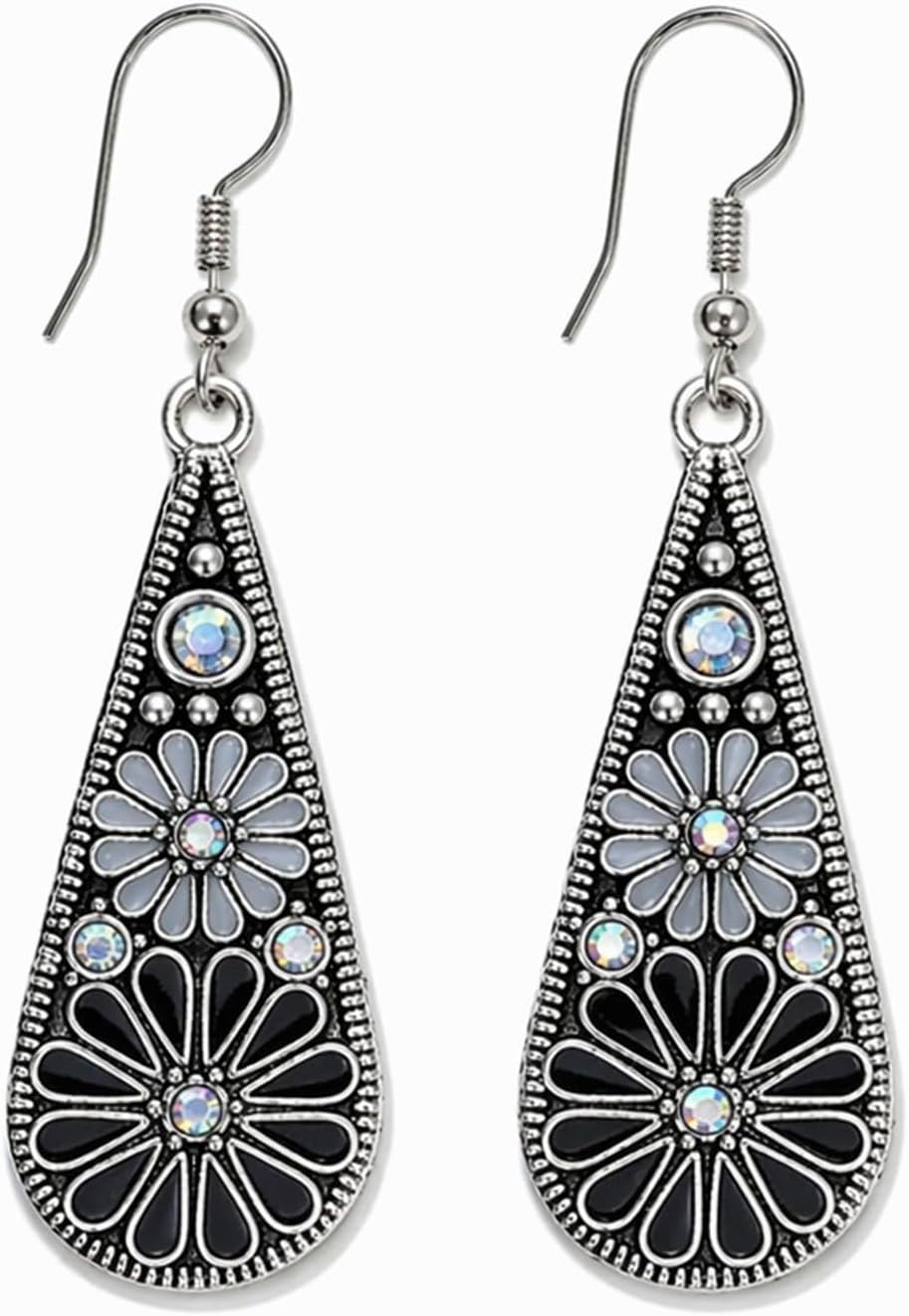 Bohemian Crystal Teardrop Pendant Earring,Vintage Olive Green Hollow Out Flower Floral Dangle Earrings,National Style Geometry Enamel Flower Hook