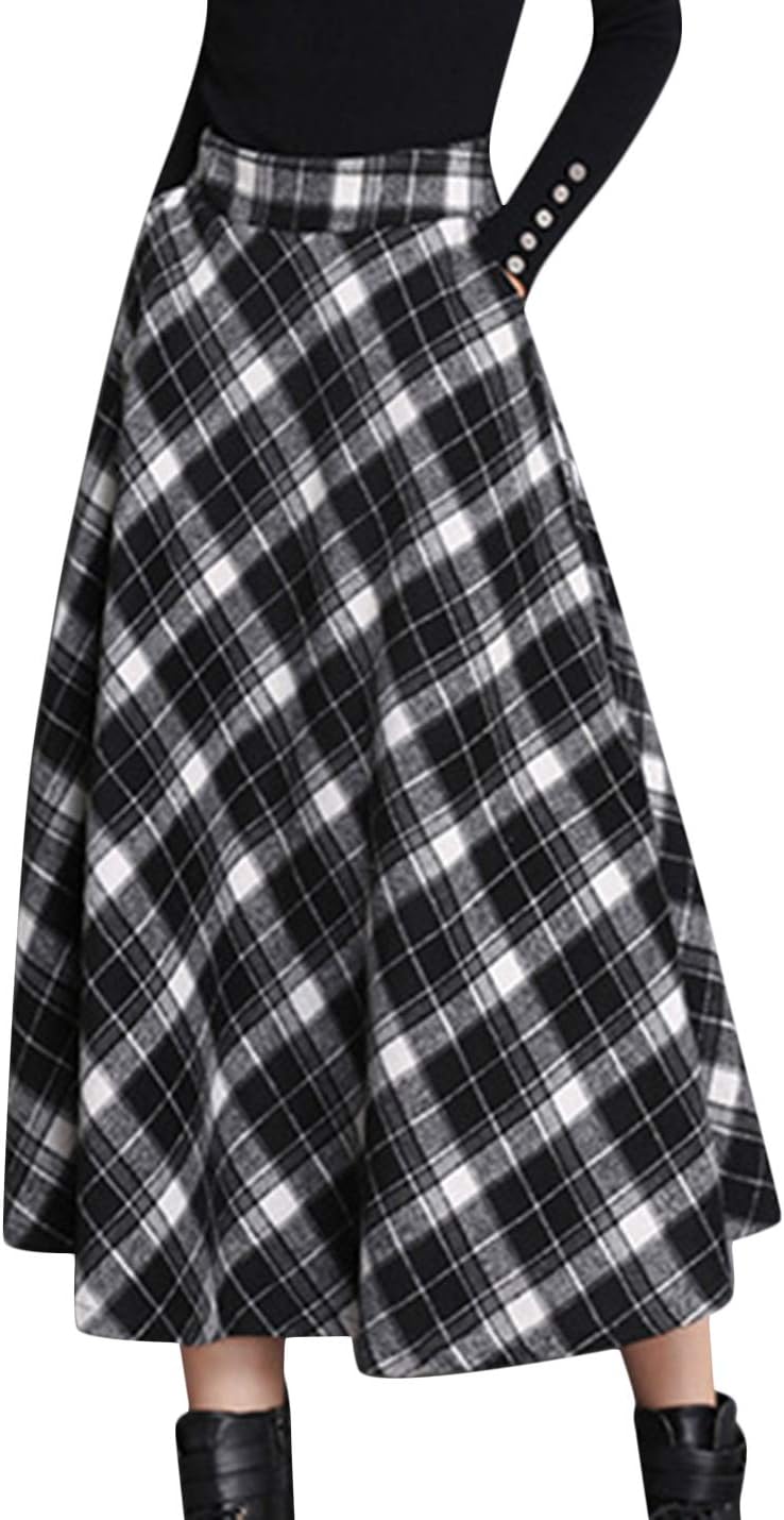 Tanming Womens Plaid Skirt Wool A‑Line Pleated Long Skirt