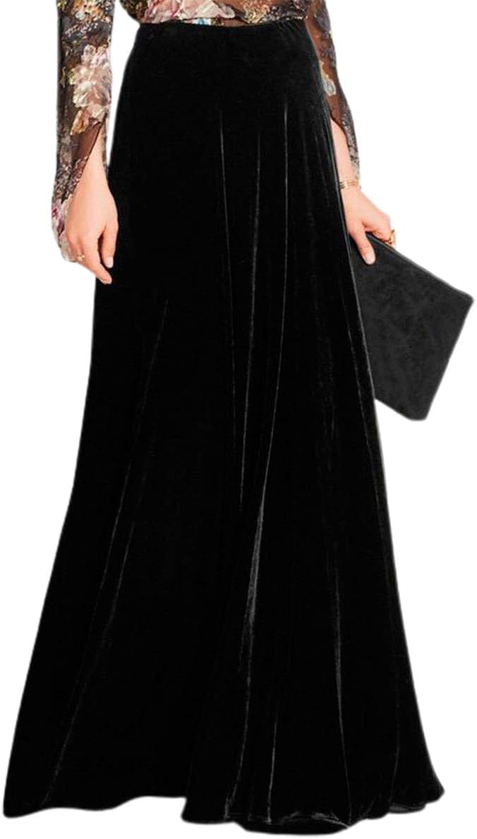 Women's Floor Length High Waist Evening Party Flowy Velvet Maxi Skirt