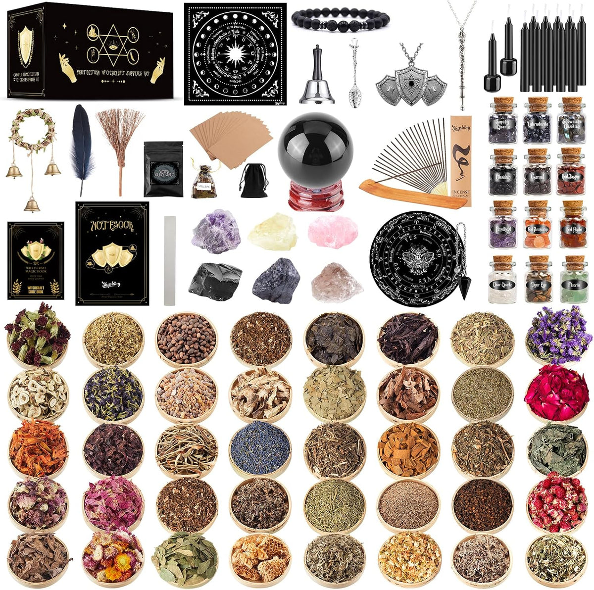 Wiccan Supplies and Tools for Protection, 130Pack Witchcraft Supplies Witchy Gift for Beginners, Dried Herbs, Crystals, Candles, Witch Starter Spell Kit Main image
