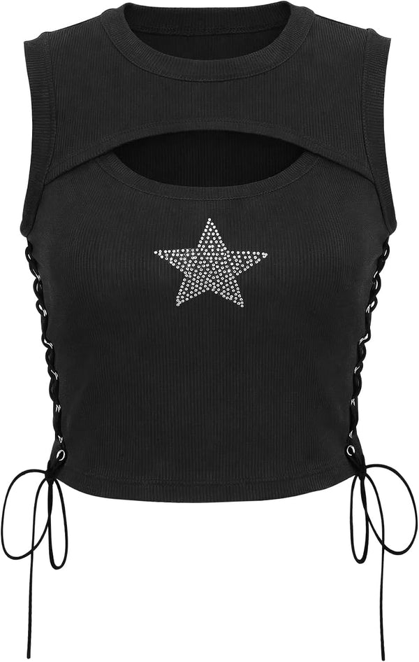 Womens Y2K Gothic Tops Star Sparkly Rhinestone Fitted Crop Tops
