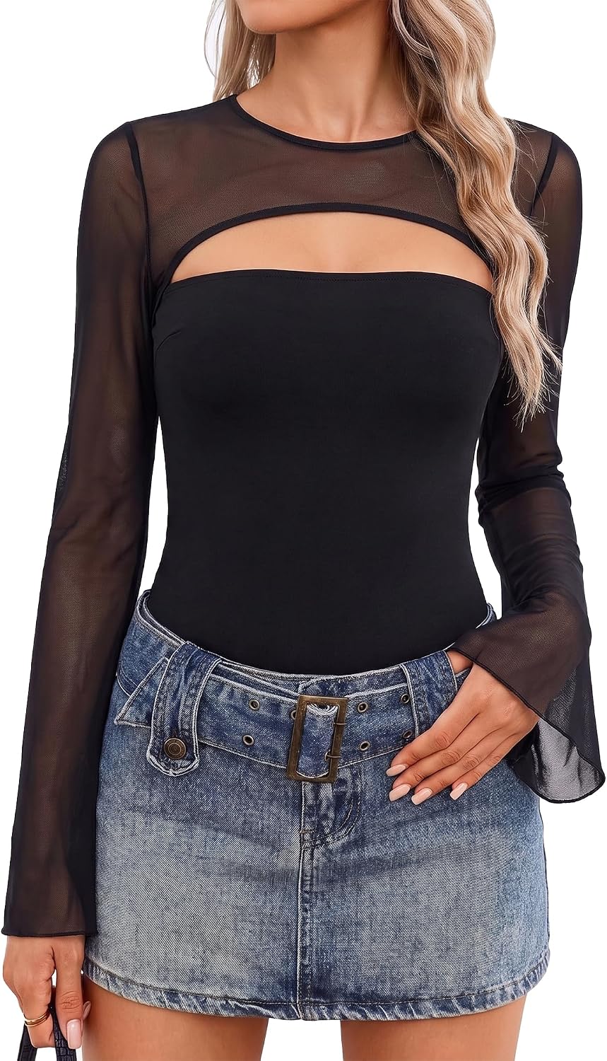 Mesh Top for Women Long Sleeve See Through Mesh Shirt Sheer Blouse Clubwear