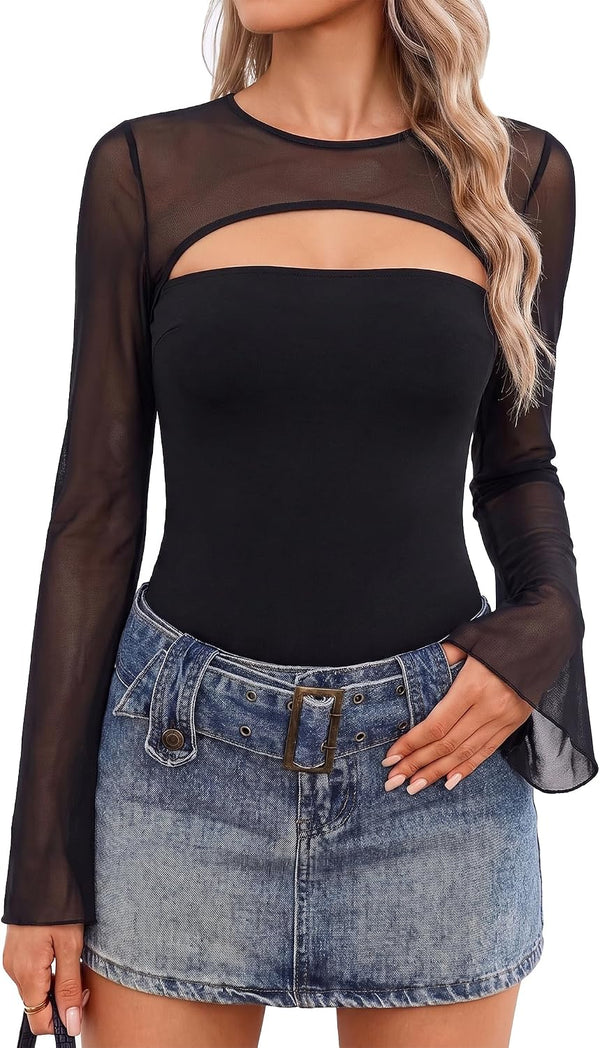 Mesh Top for Women Long Sleeve See Through Mesh Shirt Sheer Blouse Clubwear