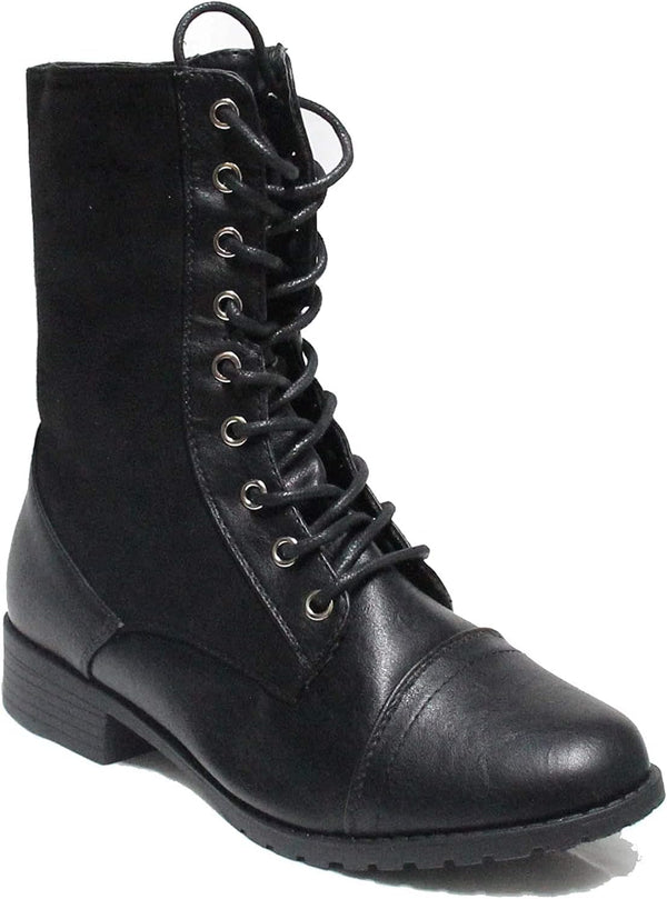 Forever Link Womens Round Toe Military Lace Up Knit Ankle Cuff Low Heel Combat Boots