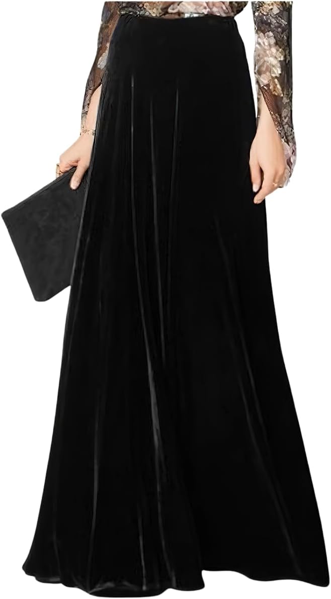Women's Floor Length High Waist Evening Party Flowy Velvet Maxi Skirt