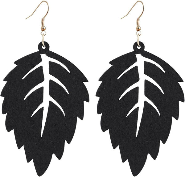 Wooden Palm Leaf Drop Dangle Earrings