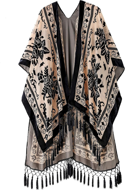 Women's Burnout Velvet Kimono Long Cardigan Cover Up With Tassel