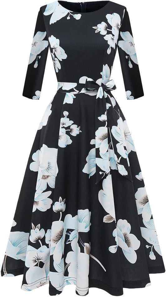 DRESSTELLS Cocktail Dresses for Women, Vintage Wedding Guest 3/4 Sleeves Formal Church Tea Dress