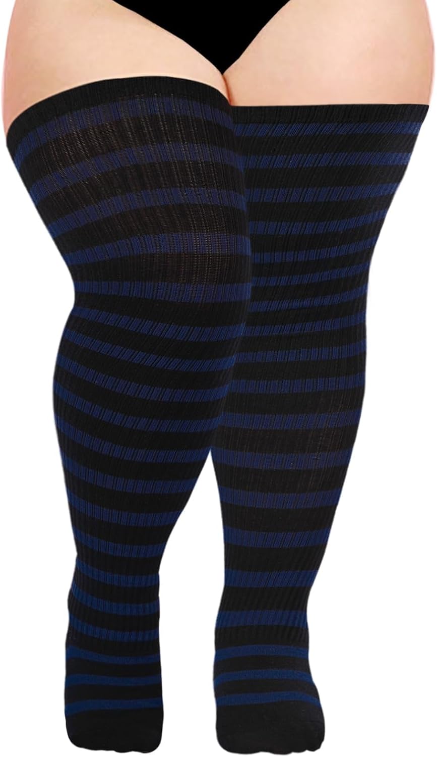 Moon Wood Plus Size Thigh High Socks for Women Knit Cotton Extra Long Striped Over the Knee High Socks Leg Warmers