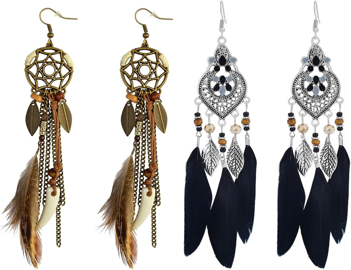 Punk Vintage Long Tassel Feather Beads Drop Wolf Tooth Pendant Earring Fish Hook Earrings Suitable to Wear At All Times