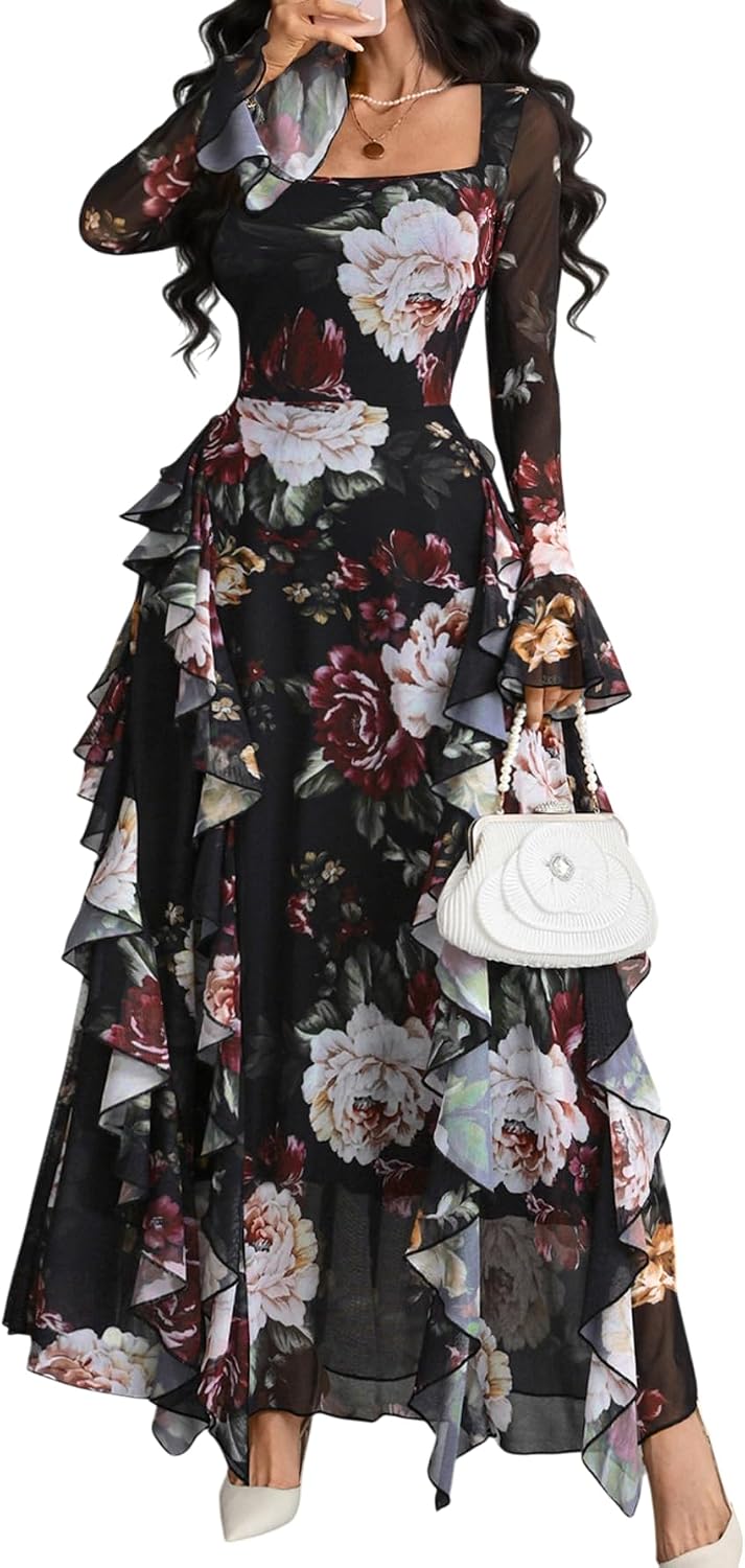 GothDark Women's Floral Dress Long Sleeve Square Neck Ruffle Party Outfit