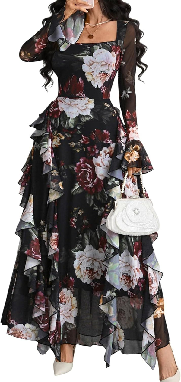 GothDark Women's Floral Dress Long Sleeve Square Neck Ruffle Party Outfit