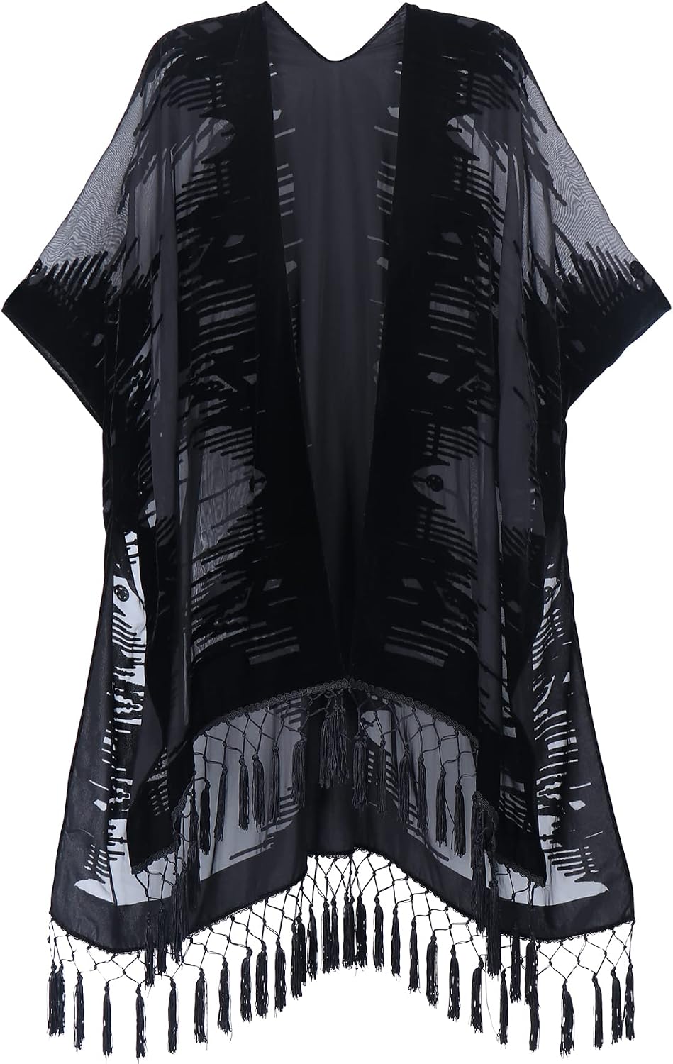Women's Burnout Velvet Kimono Long Cardigan Cover Up With Tassel