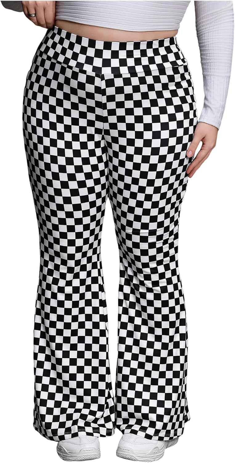Wdirara Women's Plus Size Elastic High Waist Flare Bell Bottom Ribbed