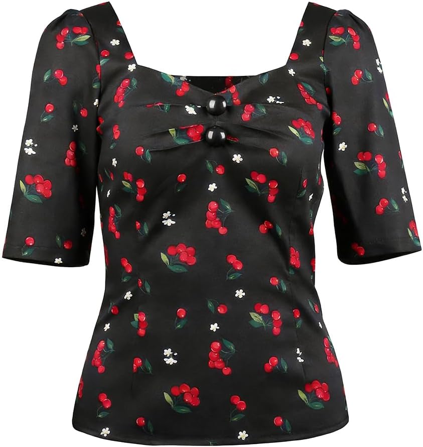 YARN & INK Women's 1950s Pinup Tops, Rockabilly Vintage Blouse Medium Sleeves Sweetheart V-Neck Shirt