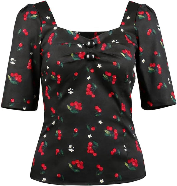 YARN & INK Women's 1950s Pinup Tops, Rockabilly Vintage Blouse Medium Sleeves Sweetheart V-Neck Shirt