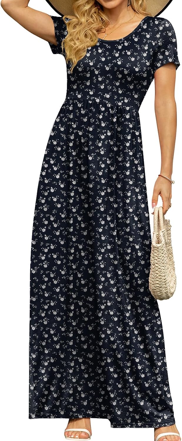 DB MOON Women's Summer Maxi Dress Casual Short Sleeve Empire Waist Pockets